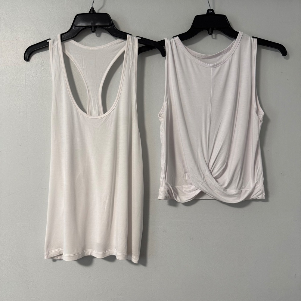 Alo Yoga White Tank Top Bundle Racerback and Twist Front Crop Top Set Womens